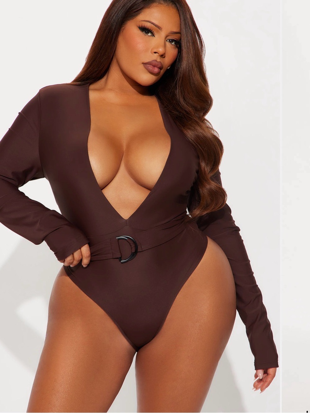 Fashion Nova Deep V Long Sleeve Belted Bodysuit in Brown